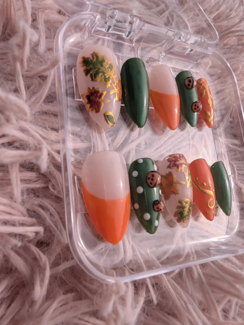 Autumn Leaf & Ladybug Press-On Nails - Green and Orange